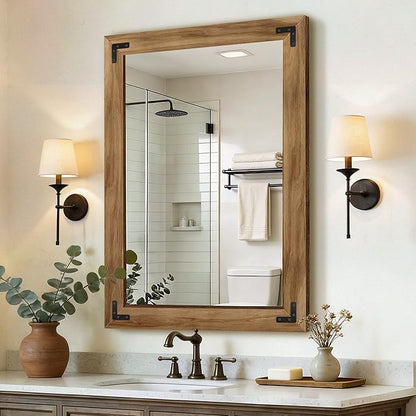 Wood Bathroom Mirror for Wall, 28"x40" Rustic Farmhouse Wood Framed Mirror for Bathroom Sink, Entryway, Living Room, Bedroom