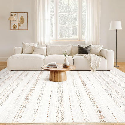 Nakagishi Area Rug Living Room Rugs: 8x10 Large Soft Machine Washable Boho Moroccan FarmNeutral Stain Resistant Indoor Floor Carpet for Bedroom Under Dining Table Home Office Decor-Cream Brown