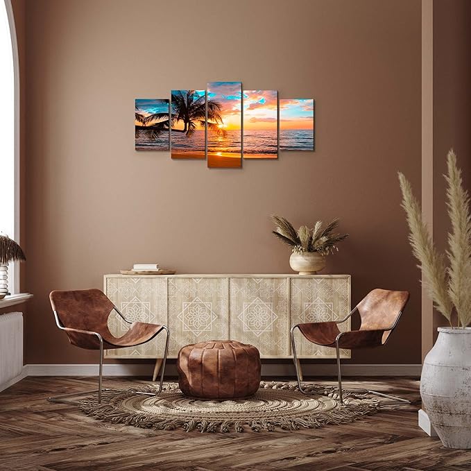 EPHANY Abstract beach canvas wall art Landscape Art - 5 Pieces Canvas Wall Art, Beach Decor Canvas Wall Art, Sunset On Ocean, ocean beach picture, nature landscape (C-5pcs,40"x20")