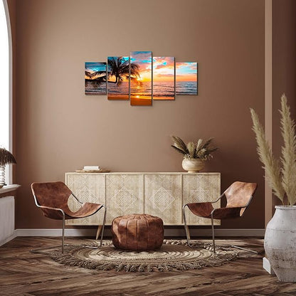 EPHANY Abstract beach canvas wall art Landscape Art - 5 Pieces Canvas Wall Art, Beach Decor Canvas Wall Art, Sunset On Ocean, ocean beach picture, nature landscape (C-5pcs,40"x20")