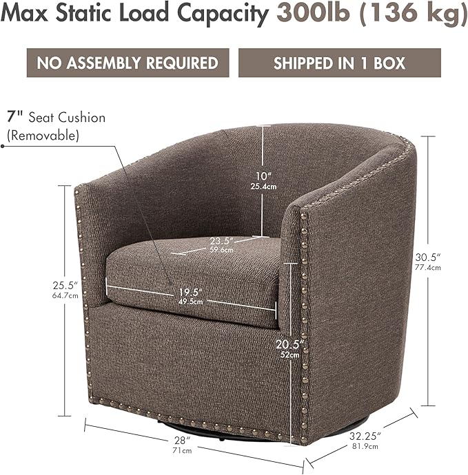 Madison Park Swivel Barrel Accent Chair, Upholstered Curved Back with 7-Inch Thick Woven Cushion, 360° Swivel, Nailhead Trim, Comfy Chair for Living Room, Bedroom, Office, 28" Wide, Chocolate, Tyler