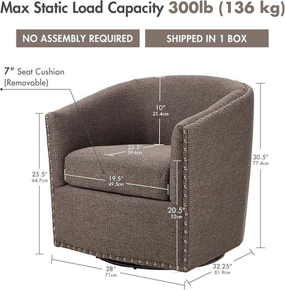 Madison Park Swivel Barrel Accent Chair, Upholstered Curved Back with 7-Inch Thick Woven Cushion, 360° Swivel, Nailhead Trim, Comfy Chair for Living Room, Bedroom, Office, 28" Wide, Chocolate, Tyler