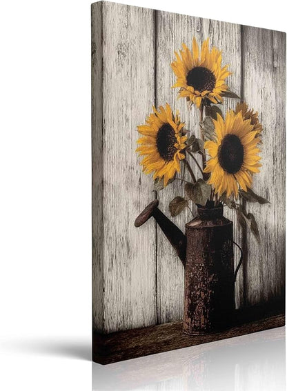 Farmhouse Sunflower Canvas Wall Art Framed Print Rustic Still Life with Vintage Watering Can on Whitewashed Wood Wall Decor Artwork for Kitchen Country Decor 16x24 Inches