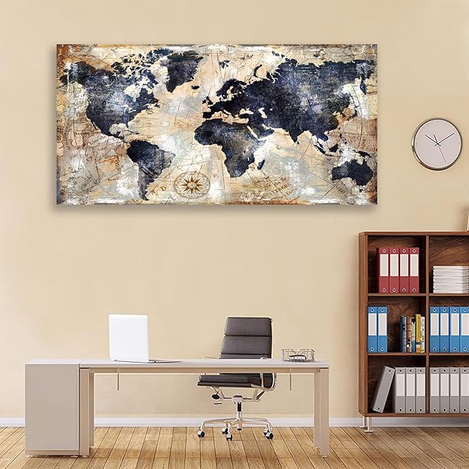 Framed Vintage World Map Canvas Wall Art Navy Blue and Tan Rustic Distressed Style Large Horizontal Print for living Room Bedroom Dining Office Home Artwork Size 36 x 70 in