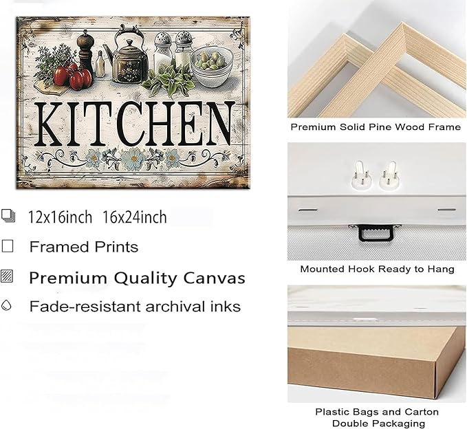 Vintage Kitchen Sign Canvas Wall Art Country Kitchen Painting Picture Decor Vegetable Food Poster Print Artwork for Restaurant Home Decoration