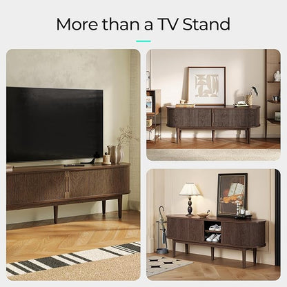 LINSY Home TV Stand for 65" TV, Mid-Century Modern 58" Entertainment Center with Sliding Tambour Door and Storage Cabinet, Cruved TV Media Console Table for Living Room, Bedroom, Walnut