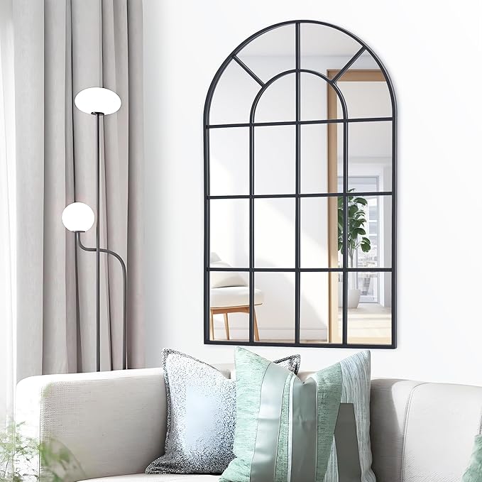 Arched Mirror, 30"x48" Arch Window Mirror, Black Frame Window Pane Mirror Wall Decor, Large Wall Mounted Mirror Decorative for Living Room Bedroom Entryway Hanging or Leaning Against Wall