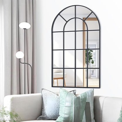 Arched Mirror, 30"x48" Arch Window Mirror, Black Frame Window Pane Mirror Wall Decor, Large Wall Mounted Mirror Decorative for Living Room Bedroom Entryway Hanging or Leaning Against Wall