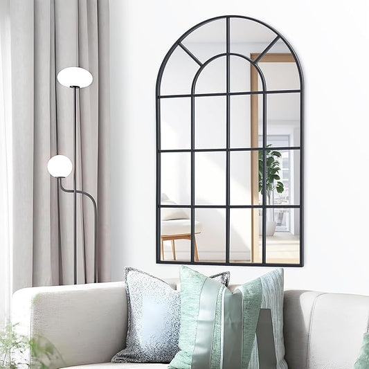 Arched Mirror, 30"x48" Arch Window Mirror, Black Frame Window Pane Mirror Wall Decor, Large Wall Mounted Mirror Decorative for Living Room Bedroom Entryway Hanging or Leaning Against Wall