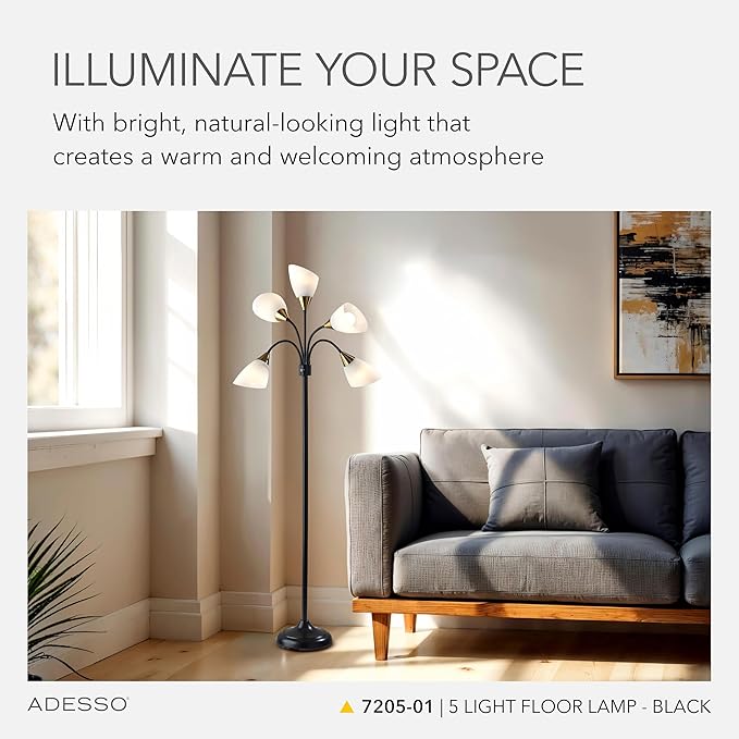 Adesso Floor Lamp with 5 Movable Shades & Adjustable Brightness – Perfect Lighting for Bedroom Decor, Beauty & Art Studio, Black