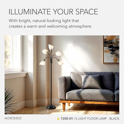 Adesso Floor Lamp with 5 Movable Shades & Adjustable Brightness – Perfect Lighting for Bedroom Decor, Beauty & Art Studio, Black