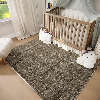 Washable 2x3 Entryway Rug, Boho Non-Slip Door Mat Vintage Distress Small Rugs for Kitchen Nursery Office Bedroom, 0.3" Neutral Oriental Throw Carpet with Cushioning Pad, Rust/Multi, D2