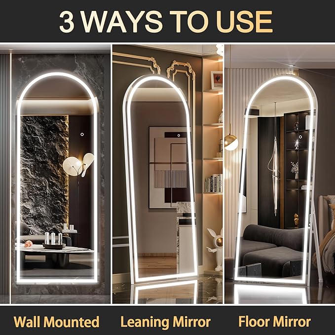 Hasipu 77" x 30" Led Mirror Full Length, Full Length Mirror with Lights Arch Design,Tempered Glass,Shatter-Proof, Dimming & 3 Color Modes for Bedroom Cloakroom-UL