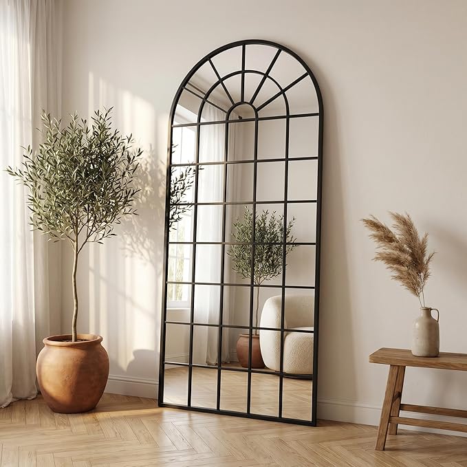 70x30Inch Large Arched Window Pane Mirror| Black Arched Mirrors for Wall & Floor | Arch Mirror Full Length for Entryway Living Room & Bedroom | Oversized Mirrors | Wall Art Decorative |Farmhouse Décor
