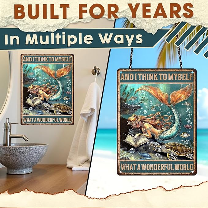 Mermaid Wall Decor Vintage Metal Tin Sign Wonderful World Poster Funny Home Cave Bar Decor 12x16inch