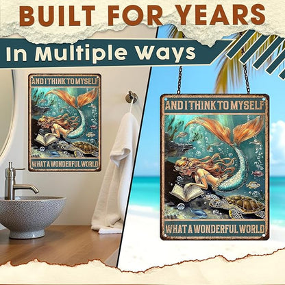 Mermaid Wall Decor Vintage Metal Tin Sign Wonderful World Poster Funny Home Cave Bar Decor 12x16inch