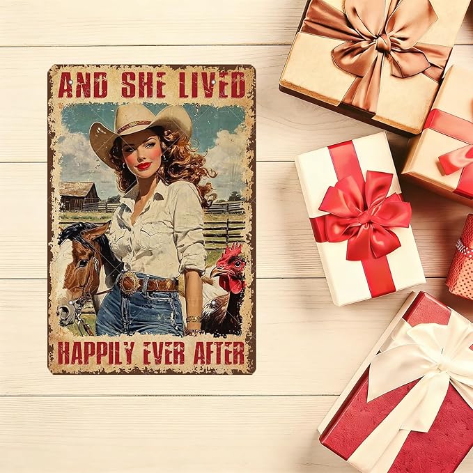 Cowgirl Vintage Tin Sign And She Lived Happily Ever After Funny Horse and Chicken Iron Painting Poster Wall Decor for Home Bar Club Coffee Shop 16x12 Inch