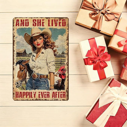 Cowgirl Vintage Tin Sign And She Lived Happily Ever After Funny Horse and Chicken Iron Painting Poster Wall Decor for Home Bar Club Coffee Shop 16x12 Inch