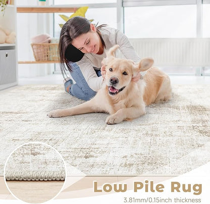 9x12 Area Rug for Living Room: Washable Abstract Soft Rugs Non Slip Modern Stain Resistant Low Pile Carpet for Dining Room Bedroom Nursery Office (Beige, 9'x12')
