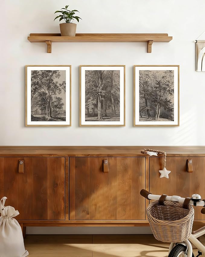 PHOPAGO Vintage Tree Framed Wall Art Retro Forest Wall Decor Nature Wilderness Sketch Paints Modern Bedroom Living Room Decor - 11x14in Natural Framed