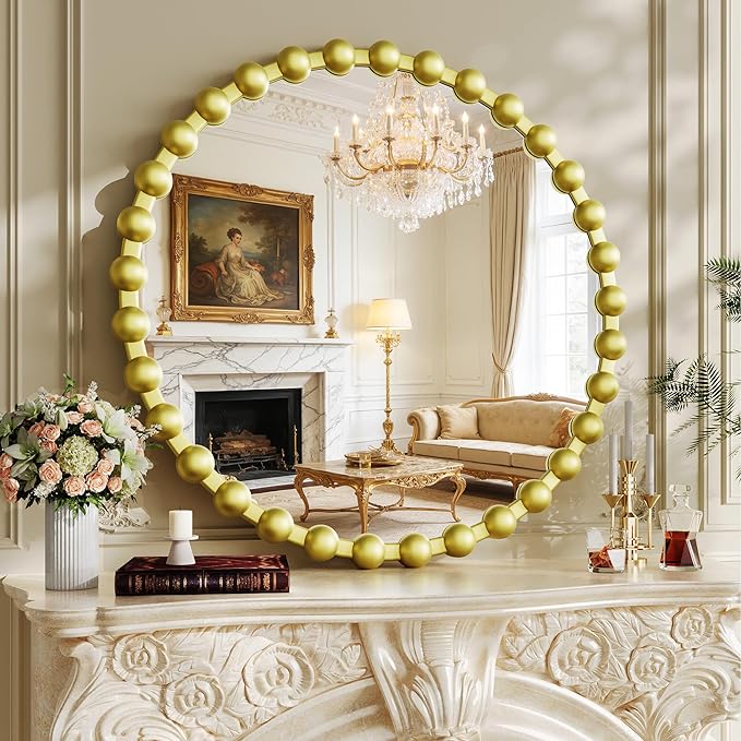 Round Mirror for Wall, 28 Inch Gold Round Vanity Mirror with Beaded Frame, Modern Decorative Wall Mirror for Bathroom, Entryway, Bedroom, Living Room, Gold