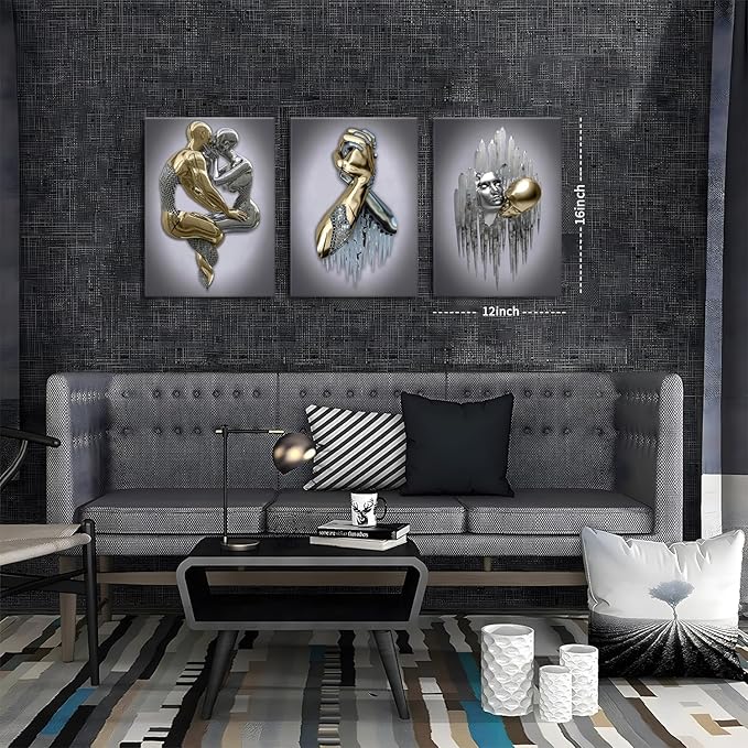 Modern Bedroom Wall Art Set of 3-3D Metal Effect Couple Canvas Paintings Wall Decor, Abstract Figure Statue Art Prints for Living Room Home Decor - 12x16in Framed