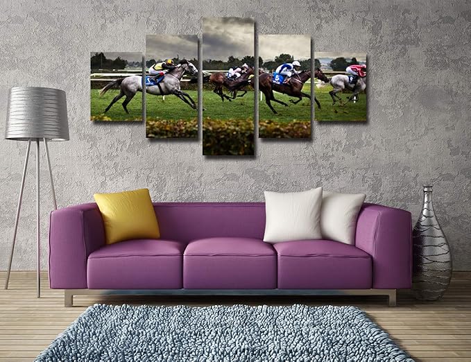 Artbrush Tower Horse Racing Wall Art Modern Pictures for Living Room Artwork Painting Dining Room Decor 5 Panel Canvas Prints Racehorse Poster Bedroom Decoration Framed Ready to Hang(60''Wx32''H)