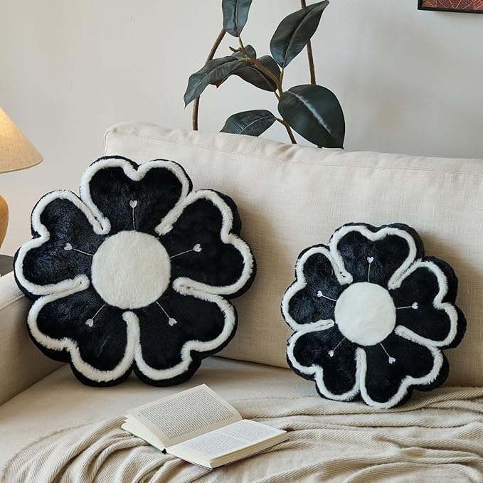 Flower Shaped Decorative Throw Pillow Cushion for Bed Couch, Cute Flower Plush Throw Pillows Home Decor Floor Pillow Seating Cushions (Black, 17.7 Inches)