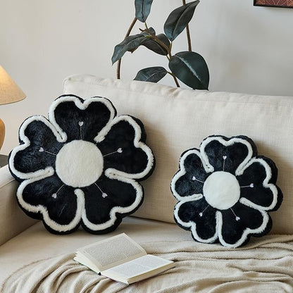 Flower Shaped Decorative Throw Pillow Cushion for Bed Couch, Cute Flower Plush Throw Pillows Home Decor Floor Pillow Seating Cushions (Black, 17.7 Inches)