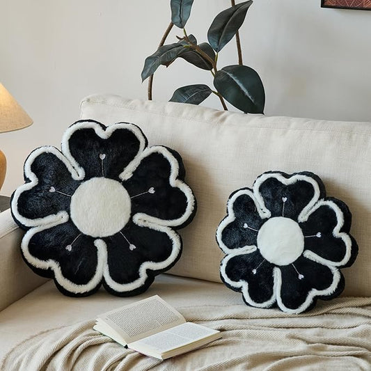 Flower Shaped Decorative Throw Pillow Cushion for Bed Couch, Cute Flower Plush Throw Pillows Home Decor Floor Pillow Seating Cushions (Black, 17.7 Inches)