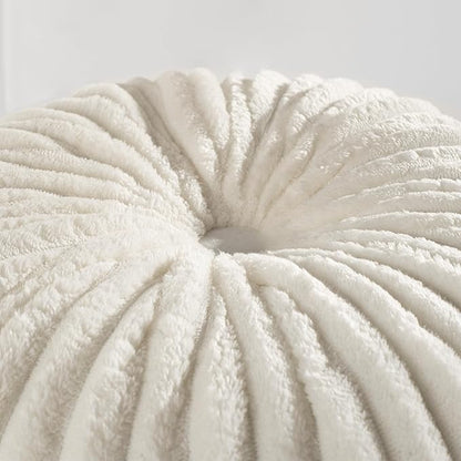 HIG Decorative Round Throw Pillows for Bed Couch - Set of 2 Handcraft Ruched Pumpkin Pillow, Soft and Durable Flannel Floor Pillow for Home Decor, Bed Living Room and Sofa (Off White,14.5"x14.5")