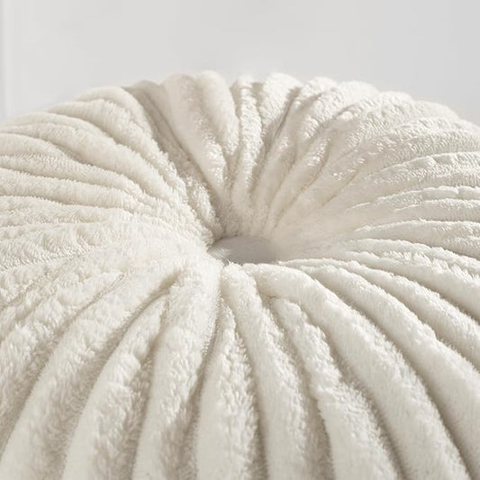 HIG Decorative Round Throw Pillows for Bed Couch - Set of 2 Handcraft Ruched Pumpkin Pillow, Soft and Durable Flannel Floor Pillow for Home Decor, Bed Living Room and Sofa (Off White,14.5"x14.5")