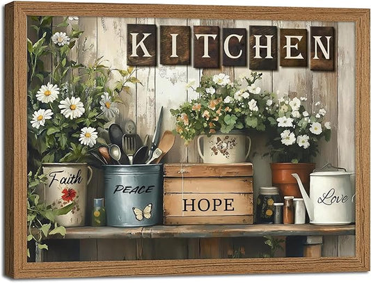 Framed Rustic Kitchen Wall Art Inspirational Kitchen Painting Picture Decor Country Daisy Poster Print Artwork for Restaurant Home Decoration