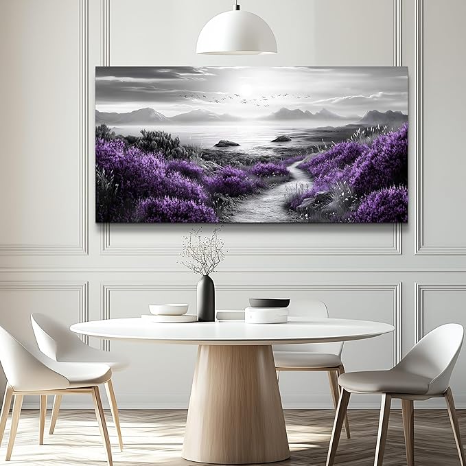 FUHAIHUA Canvas Wall Art For Living Room Large Wall Decor For Office Bedroom Decorations Purple Flowers Landscape Pictures Black And White Painting Artwork Wall Mural Aesthetic Home Decor 30x60 In