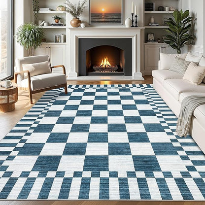 GarveeHome Blue and White Checkered Rug 5×7 Area Rugs for Living Room,Non-Slip Washable Rug Soft Low-Pile, Modern Farmhouse Geometric Rugs for Bedroom Dining Room