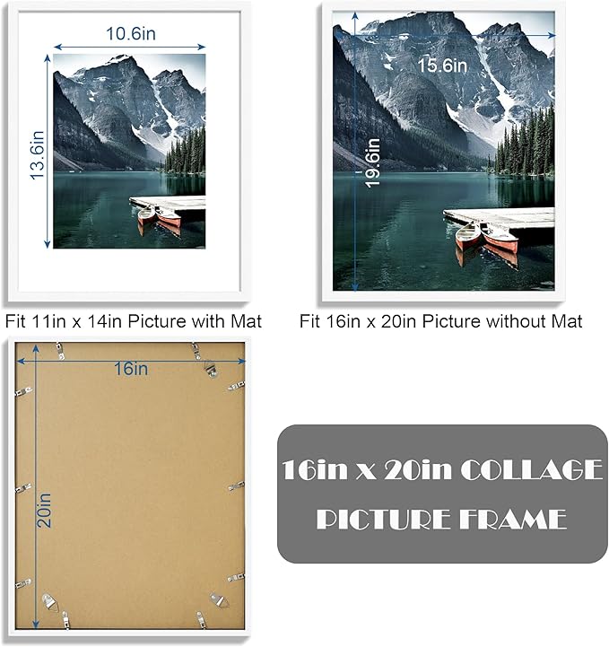 Hongkee 16x20 Frames Set of 3 - Display 11x14 Photo with Mat or 16 x 20 Poster without Mat, Wall Mounting Horizontal and Vertical, White