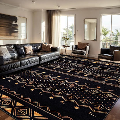SERISSA 8x10 Area Rugs for Living Room, Washable Non-Slip Black and Gold Boho Rug, Soft Low-Pile Geometric Indoor Large Carpet for Dining Room Bedroom Home Office Playroom