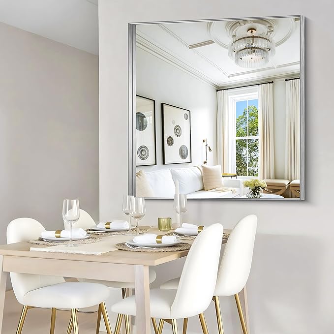 CIRCUMI Silver Bathroom Mirror, 42"x42" Rectangular Mirror with Deep Metal Frame, Brushed Finish, Tempered Glass, Mirror for Wall, Oversink, Bedroom, Installed Vertically/Horizontally, Crystal-Clear