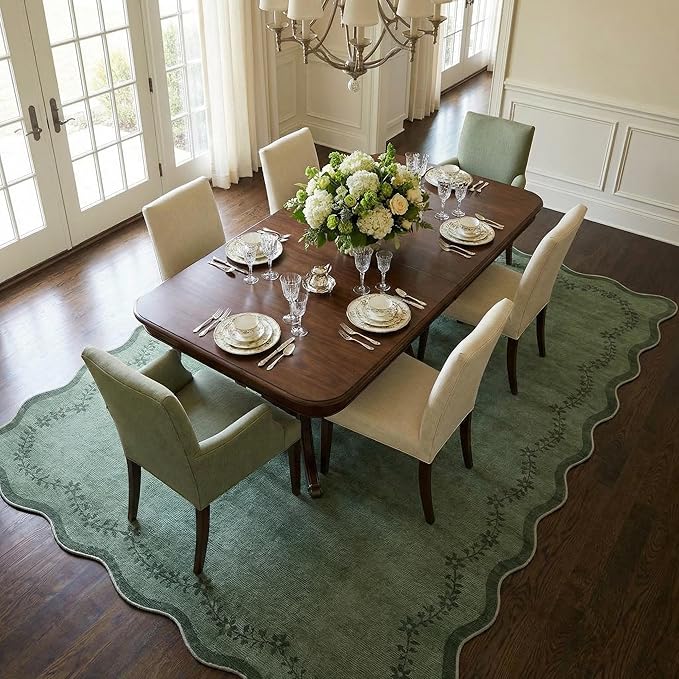 GarveeHome 6x9 Scalloped Area Rug Green Washable Rugs for Living Room Bedroom, Soft Low Pile Non Slip Accent Floor Mat Solid Floral Print Throw Rug Farmhouse Indoor Carpet for Dorm Playroom