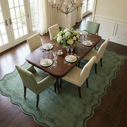 GarveeHome 6x9 Scalloped Area Rug Green Washable Rugs for Living Room Bedroom, Soft Low Pile Non Slip Accent Floor Mat Solid Floral Print Throw Rug Farmhouse Indoor Carpet for Dorm Playroom