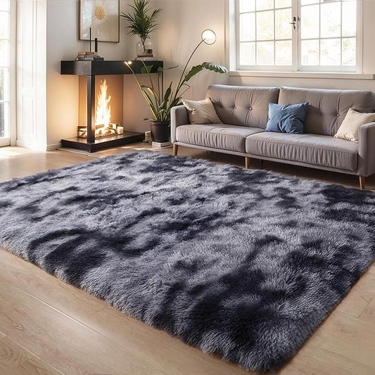 KICHOWUA Thick Area Rug Dark Grey 5x8 Fluffy Shag for Bedroom Living Room Soft Plush Washable Thickened Non-Slip Fuzzy Carpet for Kids Baby Nursery Cozy Shaggy Floor Rugs for Dorm, Tie-Dye Gray