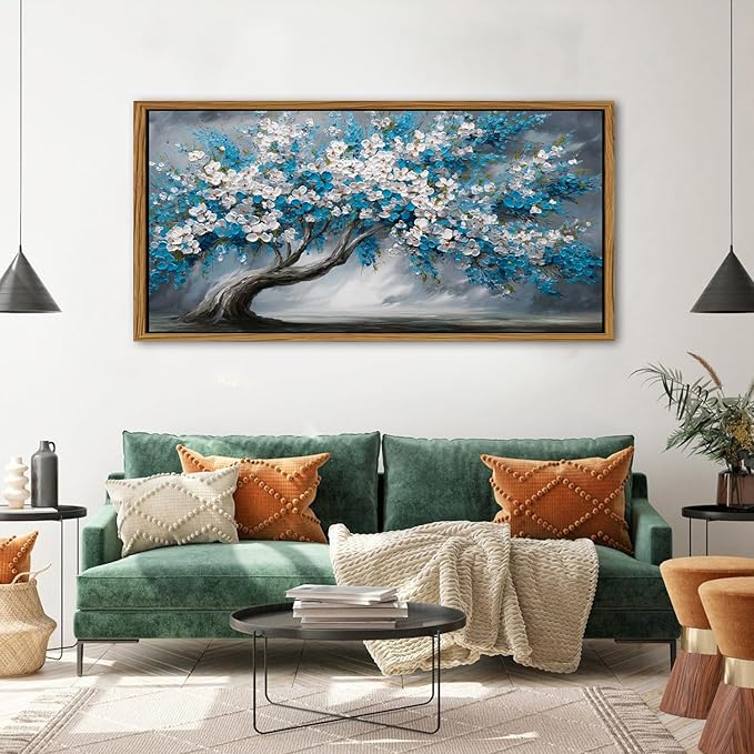 Vintage Tree of Life Wall Art Extra Large Framed Wall Decor Blue White Daisy Flower Canvas Prints Contemporary Artwork Abstract Botanical Floral Picture for Living Room Bedroom Home Decoration 35x70
