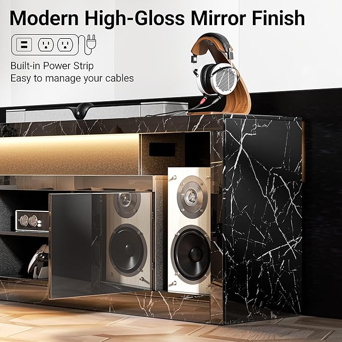 70 Inch TV Stand with LED Lights & Power Outlet, Modern Entertainment Center with Color-Changing RGB LED Strip, Sound Sync, App/Remote Control, High Gloss Black Marble Media Console for Living Room