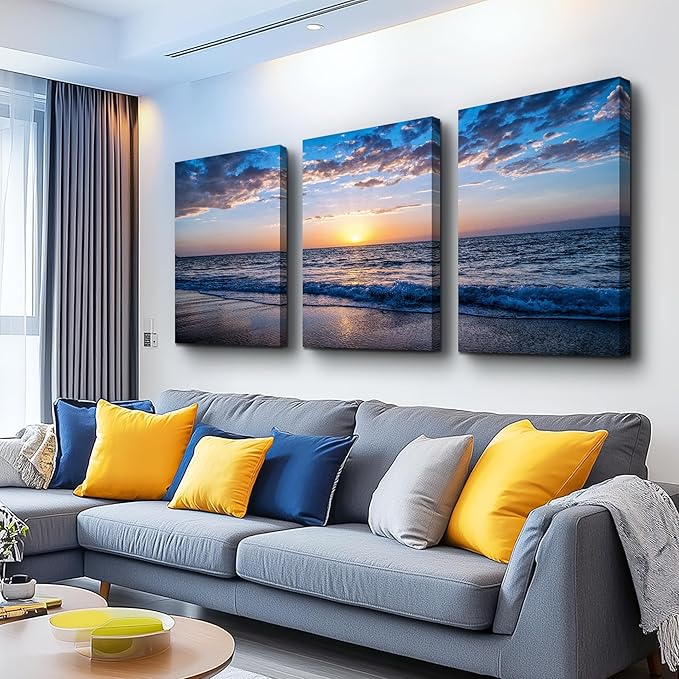 Framed Canvas Wall Art for living room Large Size Office Wall Decor Sunrise blue sea view Wall Pictures Artwork ocean Paintings Ready to Hang for Modern bedroom Home Decoration 16" x 24" 3 Pieces