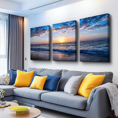 Canvas Wall Art For Living Room Sunrise Blue Sea View Landscape Wall Decor Canvas Prints Artwork Ocean Ready To Hang For Modern Bedroom Bathroom Office Home Decoration 20" X 28" 3 Pieces Framed Panels