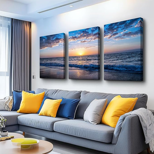 Canvas Wall Art For Living Room Sunrise Blue Sea View Landscape Wall Decor Canvas Prints Artwork Ocean Ready To Hang For Modern Bedroom Bathroom Office Home Decoration 20" X 28" 3 Pieces Framed Panels