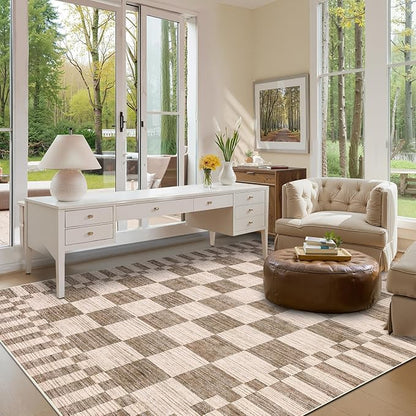 GarveeHome Brown Checkered Rug 5×7 Area Rugs for Living Room，Geometric Tan Brown Print Non-Slip Washable Rug Soft Low-Pile, Neutral Modern Farmhouse Rugs for Bedroom Dining Room Office