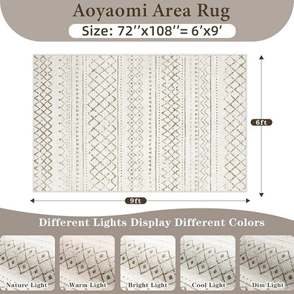 Area Rug for Living Room 6x9: Large Washable Boho Moroccan Rugs Geometric Neutral Rug, Non-Slip Foldable Morden Farmhouse Indoor Floor Carpet for Bedroom Dining Table Home(Brown,6X9)