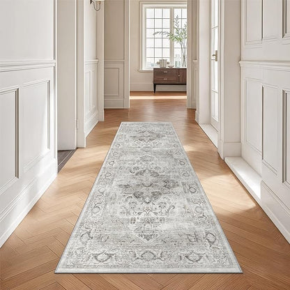2x6 Washable Runner Rug - Soft Hallway Runner Rugs with Non Slip Backing, Vintage Farmhouse Entryway Mat for Living Room Kitchen Laundry Bedroom Ivory/Gray