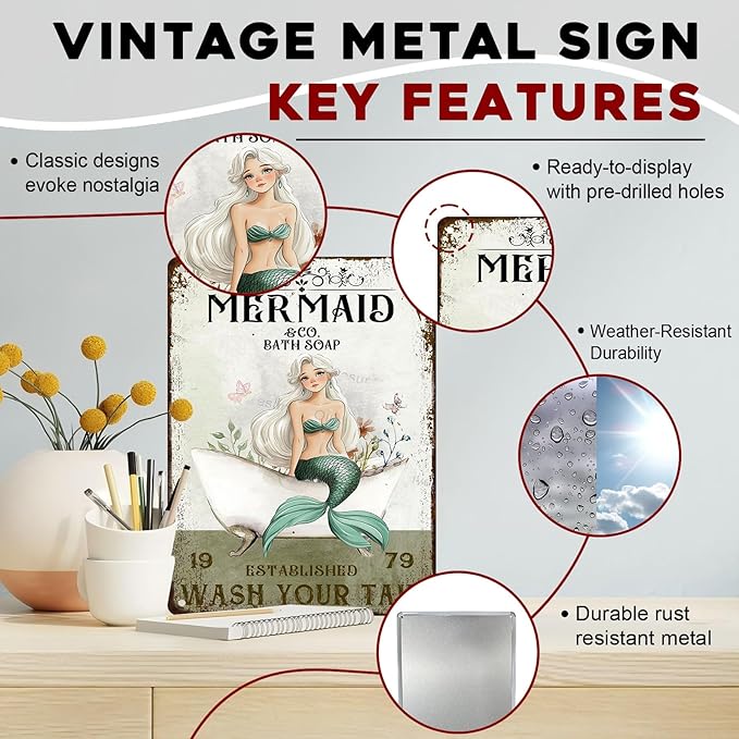 Mermaid Bathroom Decor Tin Sign Metal Wall Art for Seaside Bath & Shower Waterproof 12x16 Inch